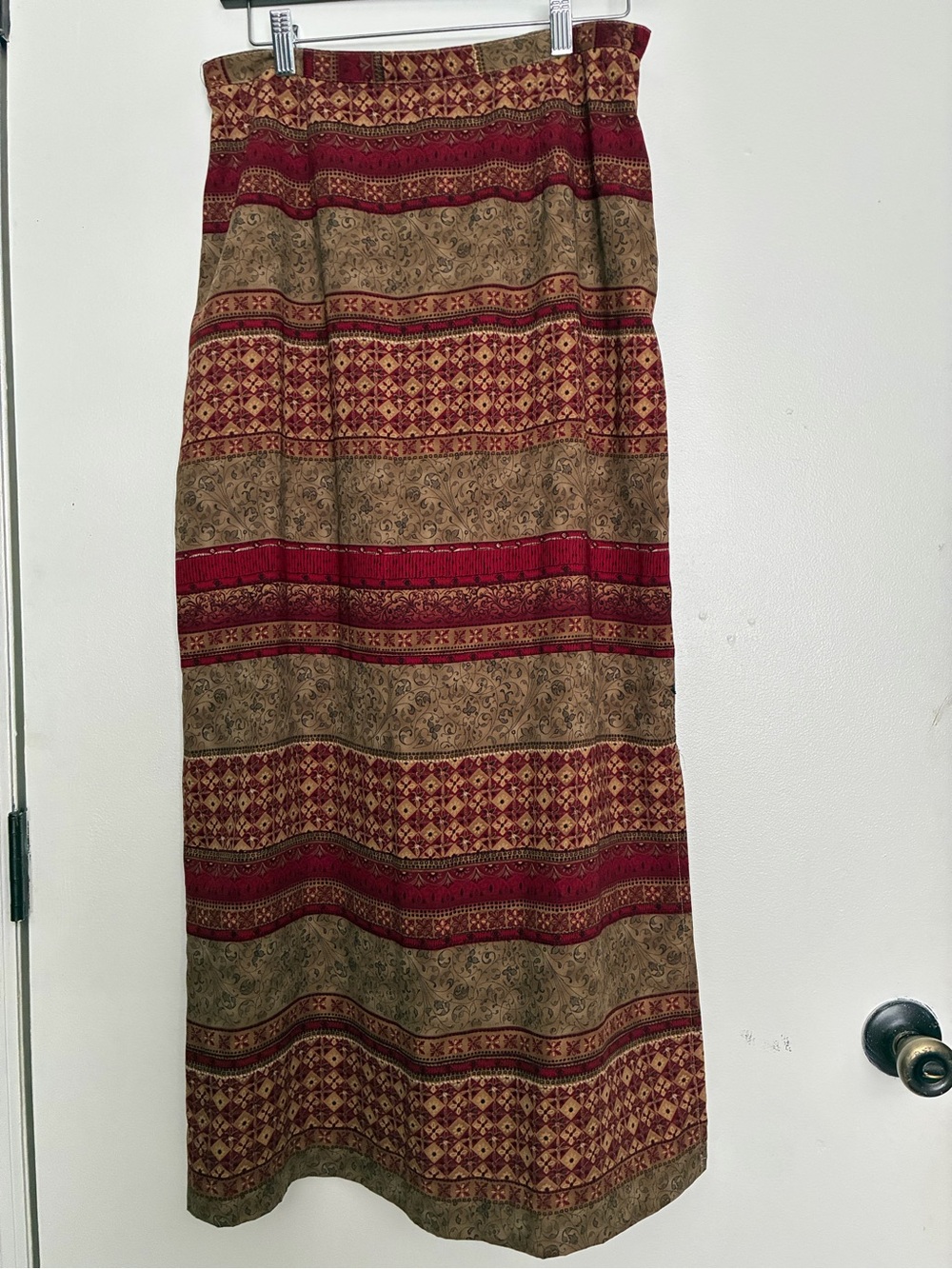 Printed  Maxi Skirt in Burgundy with Shades of Tan - Women's